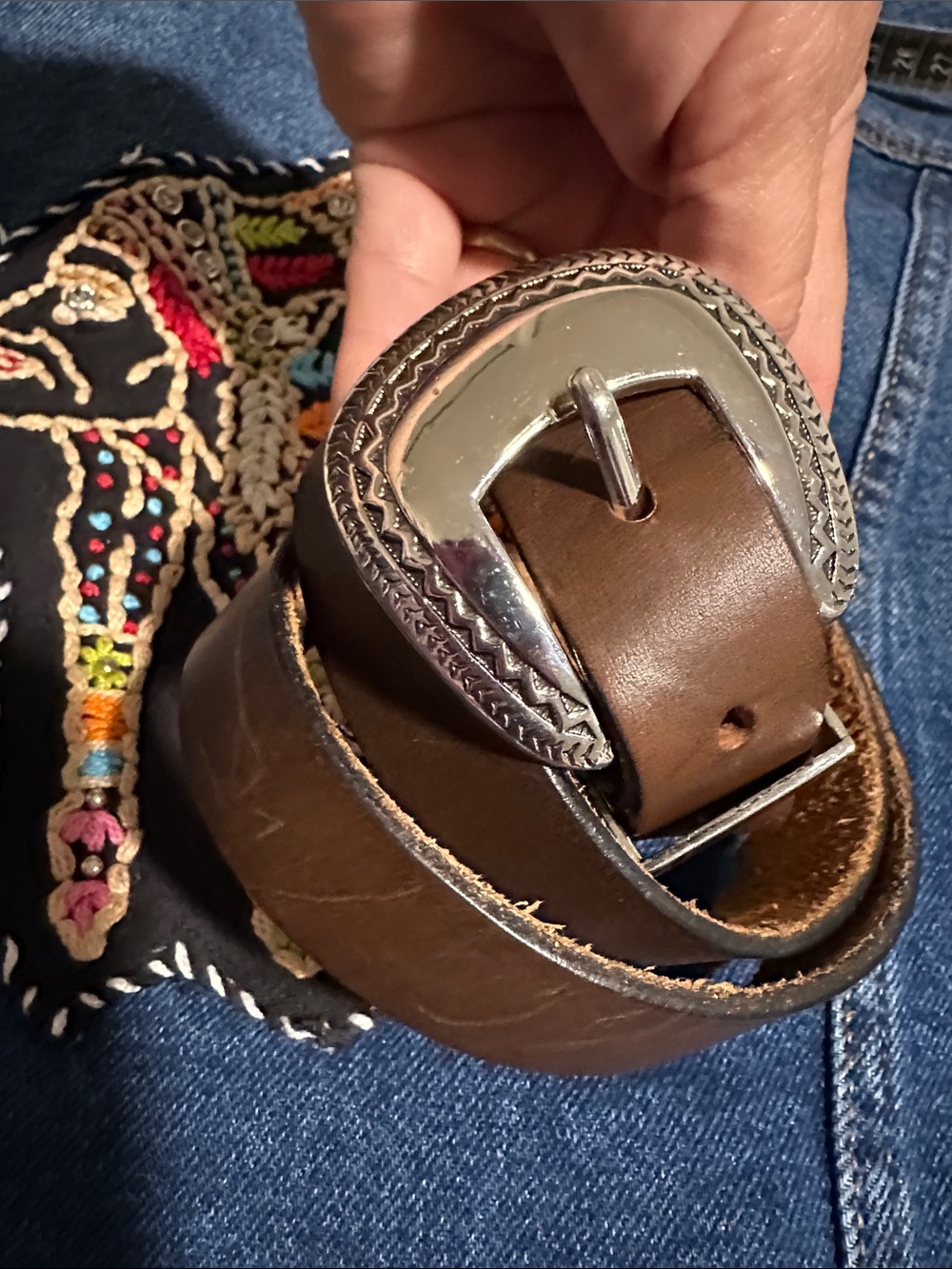 Women's Brown Leather Belt with Silver-Tone Buckle 1”x28”-30”